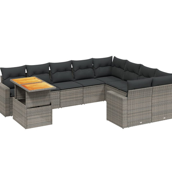 10-tlg. Garten-Sofagarnitur mit Kissen Grau Poly Rattan
