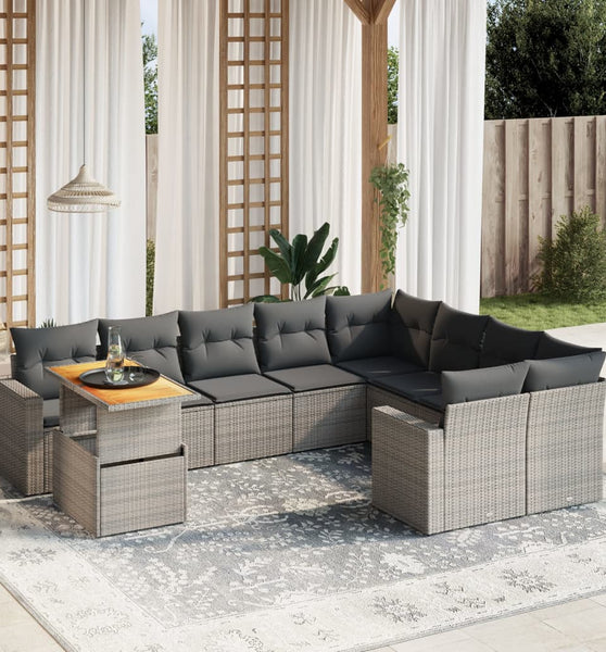 10-tlg. Garten-Sofagarnitur mit Kissen Grau Poly Rattan