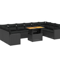 11-tlg. Garten-Sofagarnitur mit Kissen Schwarz Poly Rattan