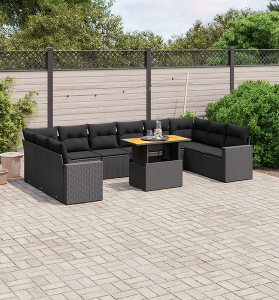 11-tlg. Garten-Sofagarnitur mit Kissen Schwarz Poly Rattan
