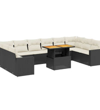 11-tlg. Garten-Sofagarnitur mit Kissen Schwarz Poly Rattan
