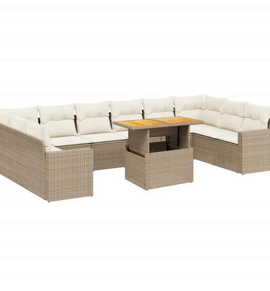 11-tlg. Garten-Sofagarnitur mit Kissen Beige Poly Rattan
