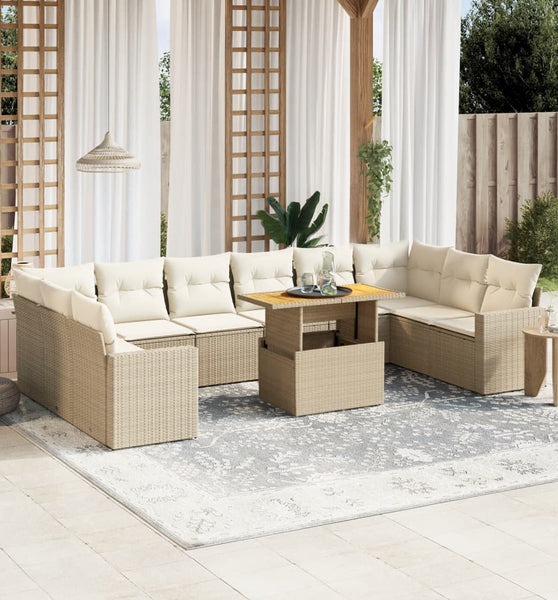 11-tlg. Garten-Sofagarnitur mit Kissen Beige Poly Rattan