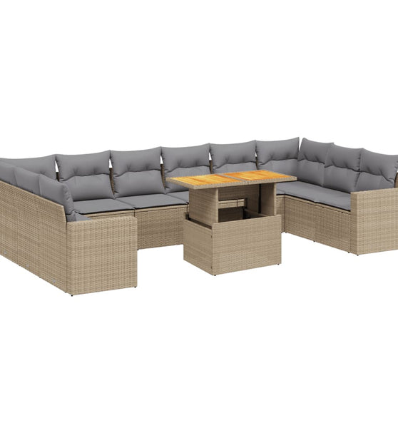 11-tlg. Garten-Sofagarnitur mit Kissen Beige Poly Rattan