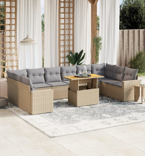 11-tlg. Garten-Sofagarnitur mit Kissen Beige Poly Rattan