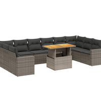 11-tlg. Garten-Sofagarnitur mit Kissen Grau Poly Rattan