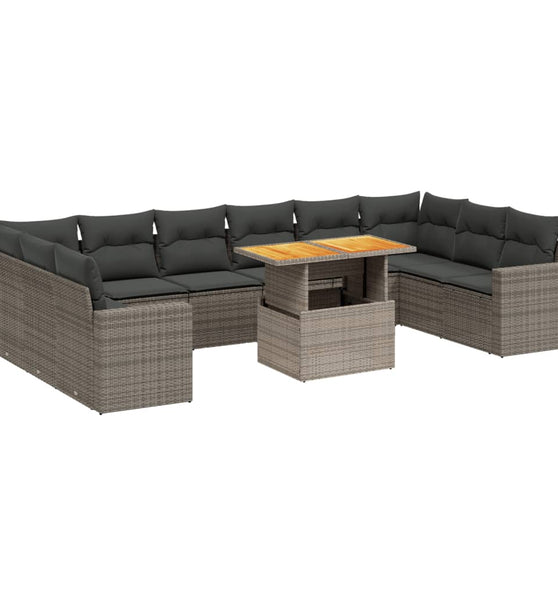 11-tlg. Garten-Sofagarnitur mit Kissen Grau Poly Rattan