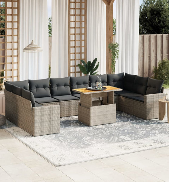 11-tlg. Garten-Sofagarnitur mit Kissen Grau Poly Rattan