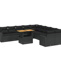 11-tlg. Garten-Sofagarnitur mit Kissen Schwarz Poly Rattan