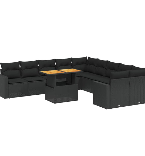 11-tlg. Garten-Sofagarnitur mit Kissen Schwarz Poly Rattan