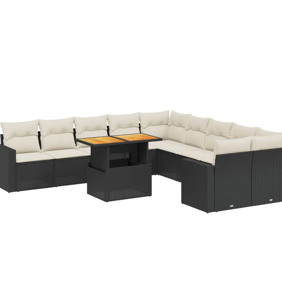 11-tlg. Garten-Sofagarnitur mit Kissen Schwarz Poly Rattan