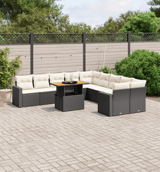 11-tlg. Garten-Sofagarnitur mit Kissen Schwarz Poly Rattan