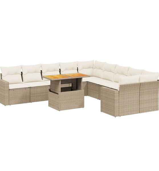 11-tlg. Garten-Sofagarnitur mit Kissen Beige Poly Rattan