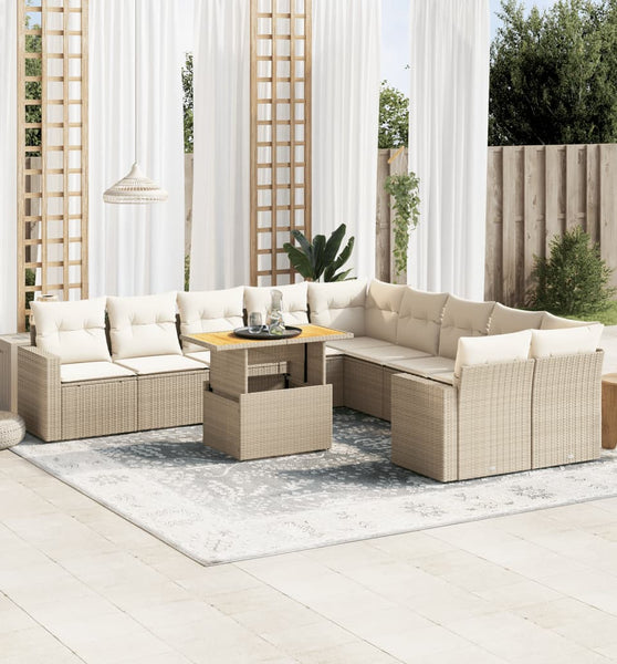 11-tlg. Garten-Sofagarnitur mit Kissen Beige Poly Rattan