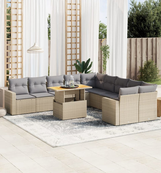 11-tlg. Garten-Sofagarnitur mit Kissen Beige Poly Rattan