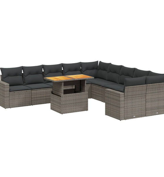 11-tlg. Garten-Sofagarnitur mit Kissen Grau Poly Rattan
