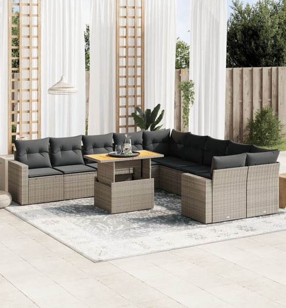 11-tlg. Garten-Sofagarnitur mit Kissen Grau Poly Rattan