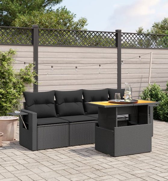 5-tlg. Garten-Sofagarnitur mit Kissen Schwarz Poly Rattan