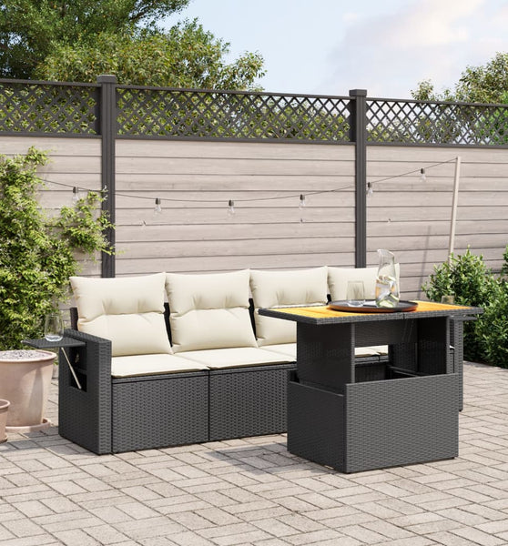 5-tlg. Garten-Sofagarnitur mit Kissen Schwarz Poly Rattan