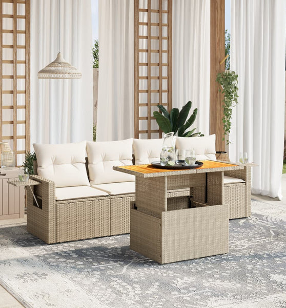 5-tlg. Garten-Sofagarnitur mit Kissen Beige Poly Rattan