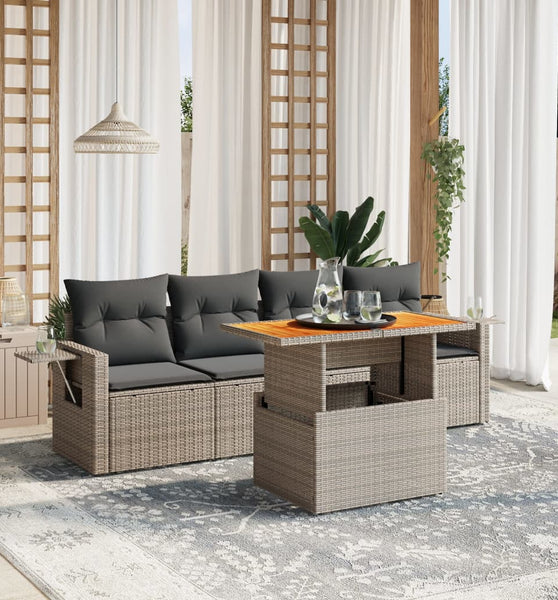 5-tlg. Garten-Sofagarnitur mit Kissen Grau Poly Rattan