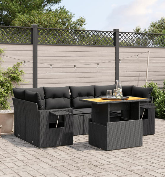 7-tlg. Garten-Sofagarnitur mit Kissen Schwarz Poly Rattan