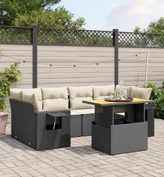7-tlg. Garten-Sofagarnitur mit Kissen Schwarz Poly Rattan