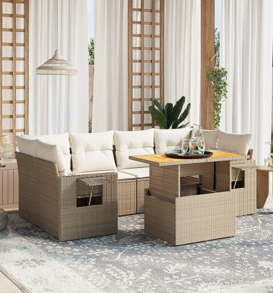 7-tlg. Garten-Sofagarnitur mit Kissen Beige Poly Rattan
