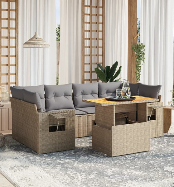 7-tlg. Garten-Sofagarnitur mit Kissen Beige Poly Rattan