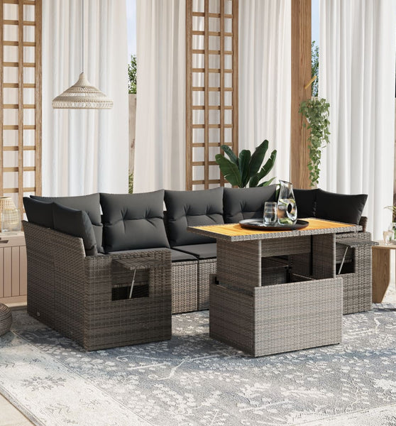 7-tlg. Garten-Sofagarnitur mit Kissen Grau Poly Rattan