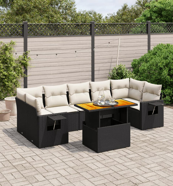 8-tlg. Garten-Sofagarnitur mit Kissen Schwarz Poly Rattan