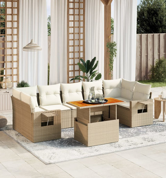 8-tlg. Garten-Sofagarnitur mit Kissen Beige Poly Rattan