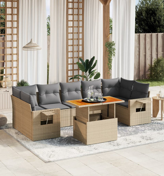 8-tlg. Garten-Sofagarnitur mit Kissen Beige Poly Rattan