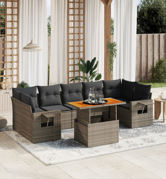 8-tlg. Garten-Sofagarnitur mit Kissen Grau Poly Rattan