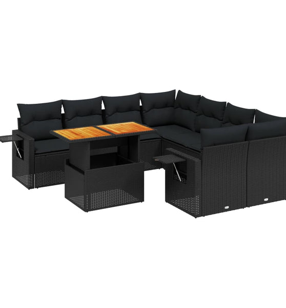 9-tlg. Garten-Sofagarnitur mit Kissen Schwarz Poly Rattan
