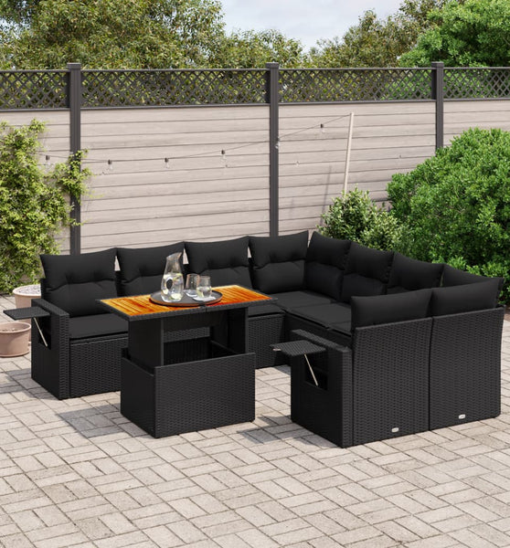 9-tlg. Garten-Sofagarnitur mit Kissen Schwarz Poly Rattan