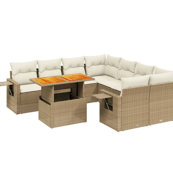 9-tlg. Garten-Sofagarnitur mit Kissen Beige Poly Rattan