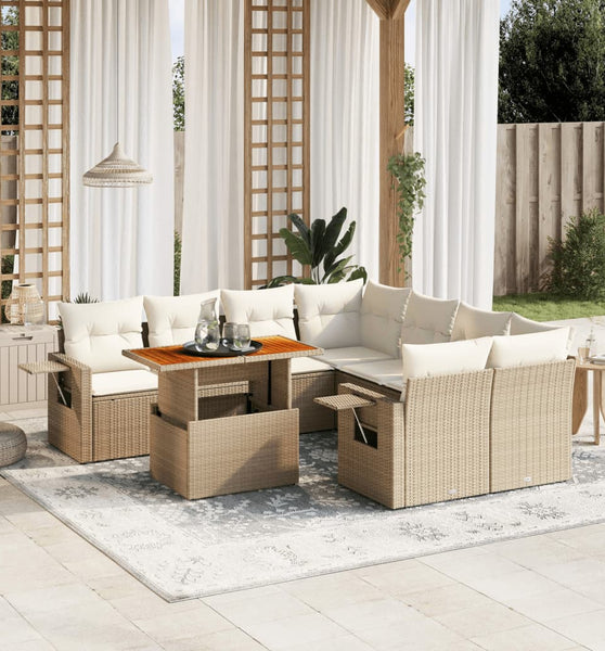 9-tlg. Garten-Sofagarnitur mit Kissen Beige Poly Rattan