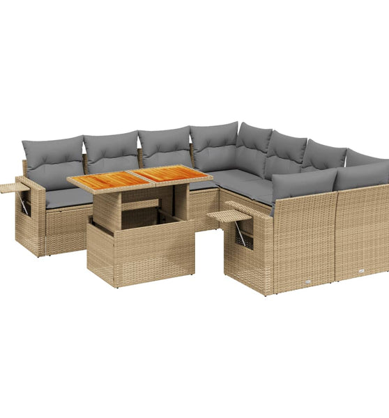 9-tlg. Garten-Sofagarnitur mit Kissen Beige Poly Rattan