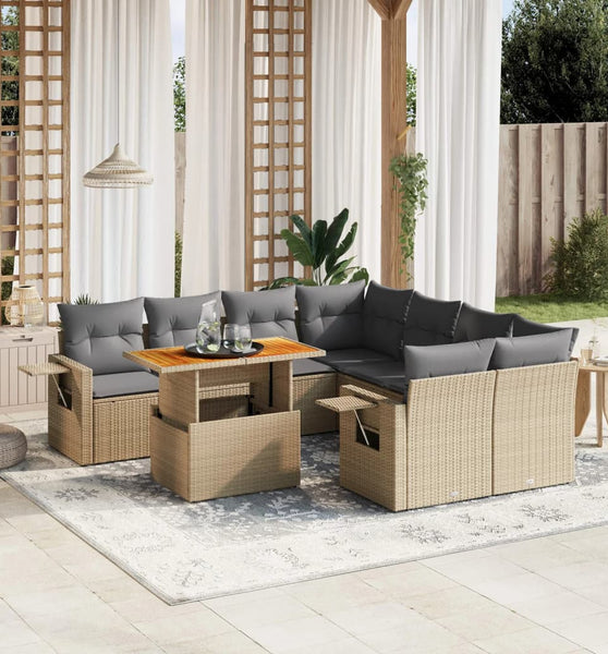 9-tlg. Garten-Sofagarnitur mit Kissen Beige Poly Rattan