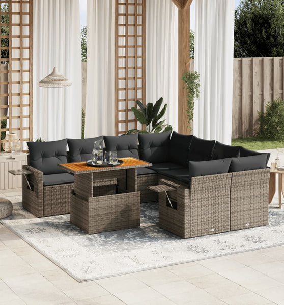 9-tlg. Garten-Sofagarnitur mit Kissen Grau Poly Rattan