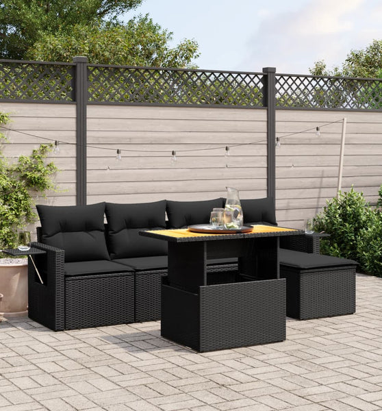 6-tlg. Garten-Sofagarnitur mit Kissen Schwarz Poly Rattan