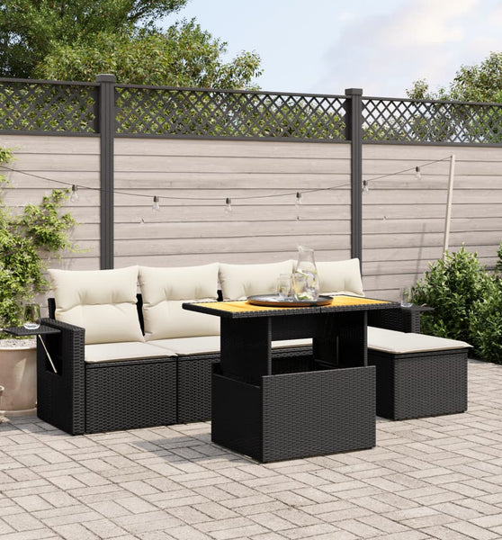 6-tlg. Garten-Sofagarnitur mit Kissen Schwarz Poly Rattan