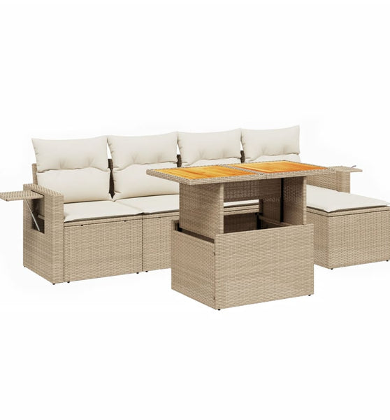 6-tlg. Garten-Sofagarnitur mit Kissen Beige Poly Rattan