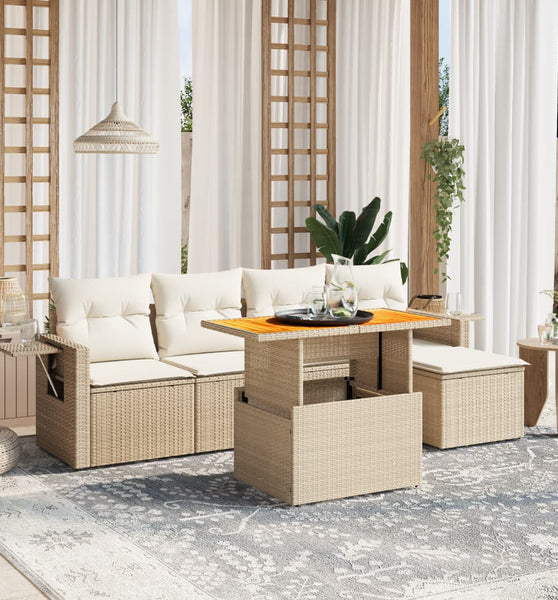 6-tlg. Garten-Sofagarnitur mit Kissen Beige Poly Rattan