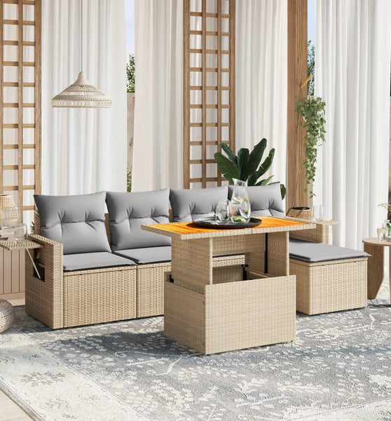 6-tlg. Garten-Sofagarnitur mit Kissen Beige Poly Rattan