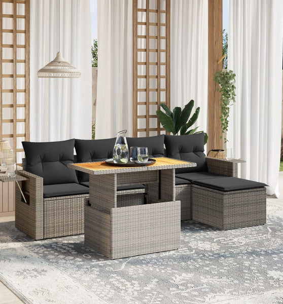 6-tlg. Garten-Sofagarnitur mit Kissen Grau Poly Rattan
