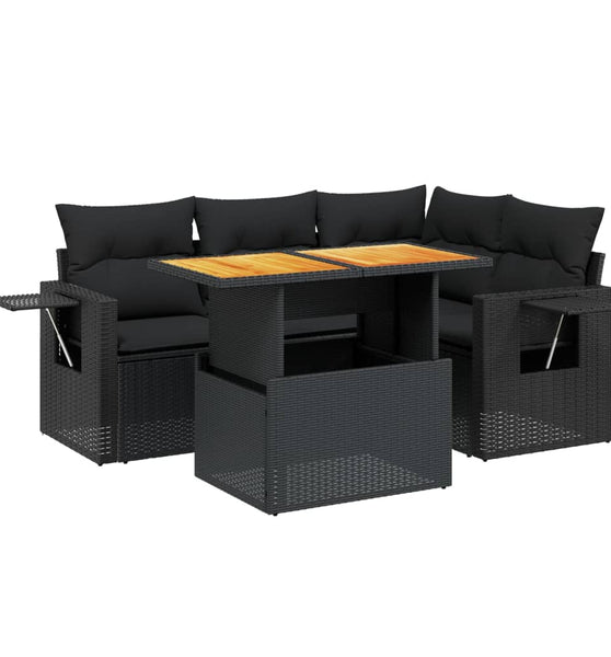5-tlg. Garten-Sofagarnitur mit Kissen Schwarz Poly Rattan