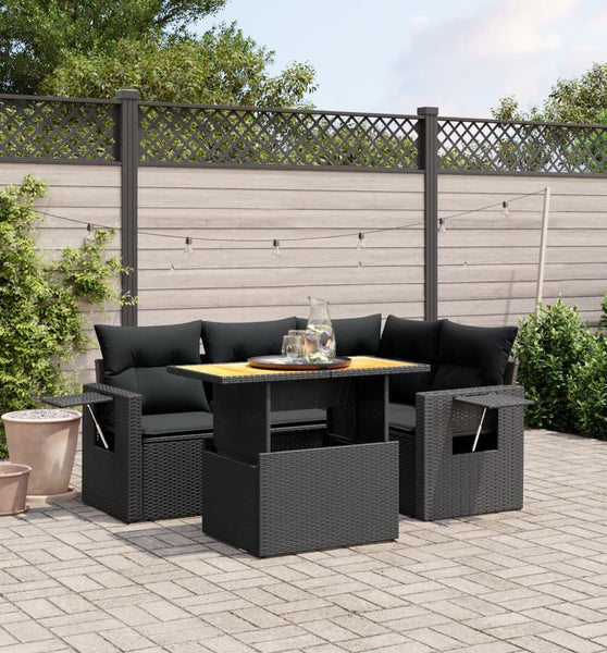 5-tlg. Garten-Sofagarnitur mit Kissen Schwarz Poly Rattan
