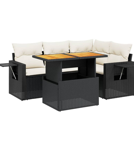 5-tlg. Garten-Sofagarnitur mit Kissen Schwarz Poly Rattan